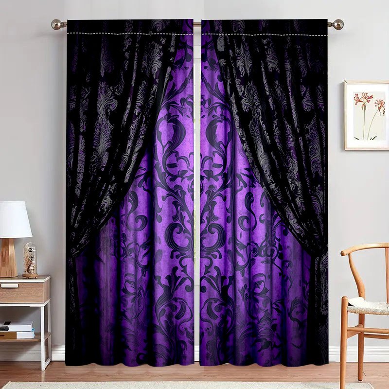 

2pcs Classic Gothic Blackout Curtains, Polyester Ombre Floral Drapes For Bedroom, Luxurious Bedroom Window Treatment