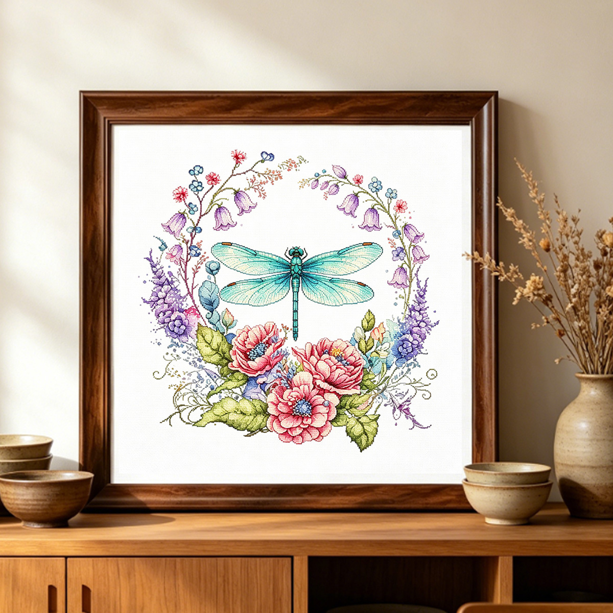 Printed Cross-Stitch Kit Dragonfly Floral Pattern, Starter Kit