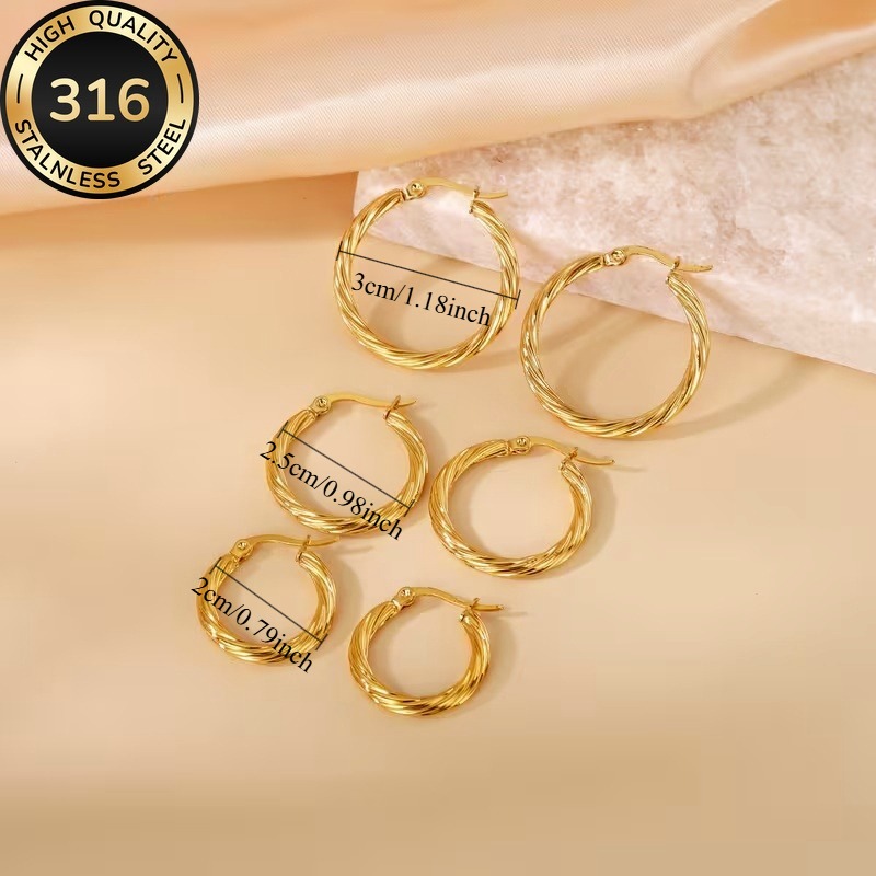 TEMU 3 Pairs Stainless Steel Premium Versatile Golden Twisted Rope Earrings, Women's Twisted Hoop Earring Set, Christmas Gift Jewelry Accessories,