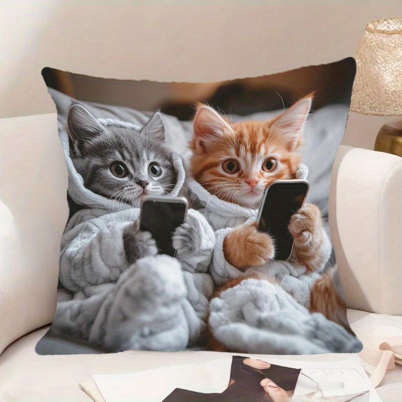 TEMU 2d 1pc Playing With Phone Printed Pillowcase, Available In Multiple Sizes, Made Of Velvet, Single-sided Print (pillow Insert Not Included).