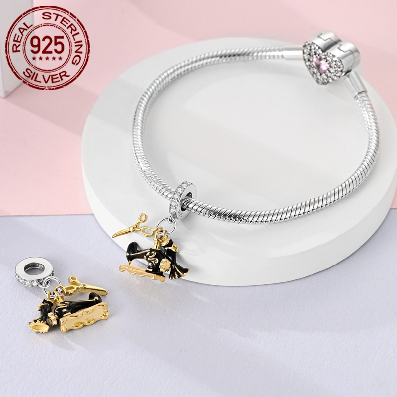 925 Silver Black Golden Sewing Machine Pendant Charm
