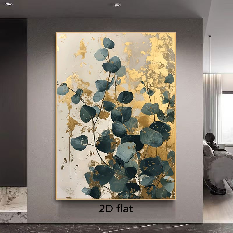 TEMU 2d Flat, A Frameless 2d Flat Canvas, Modern Abstract Canvas Art Depicting Dark Green And Teal Eucalyptus Leaves With Golden Highlights, An