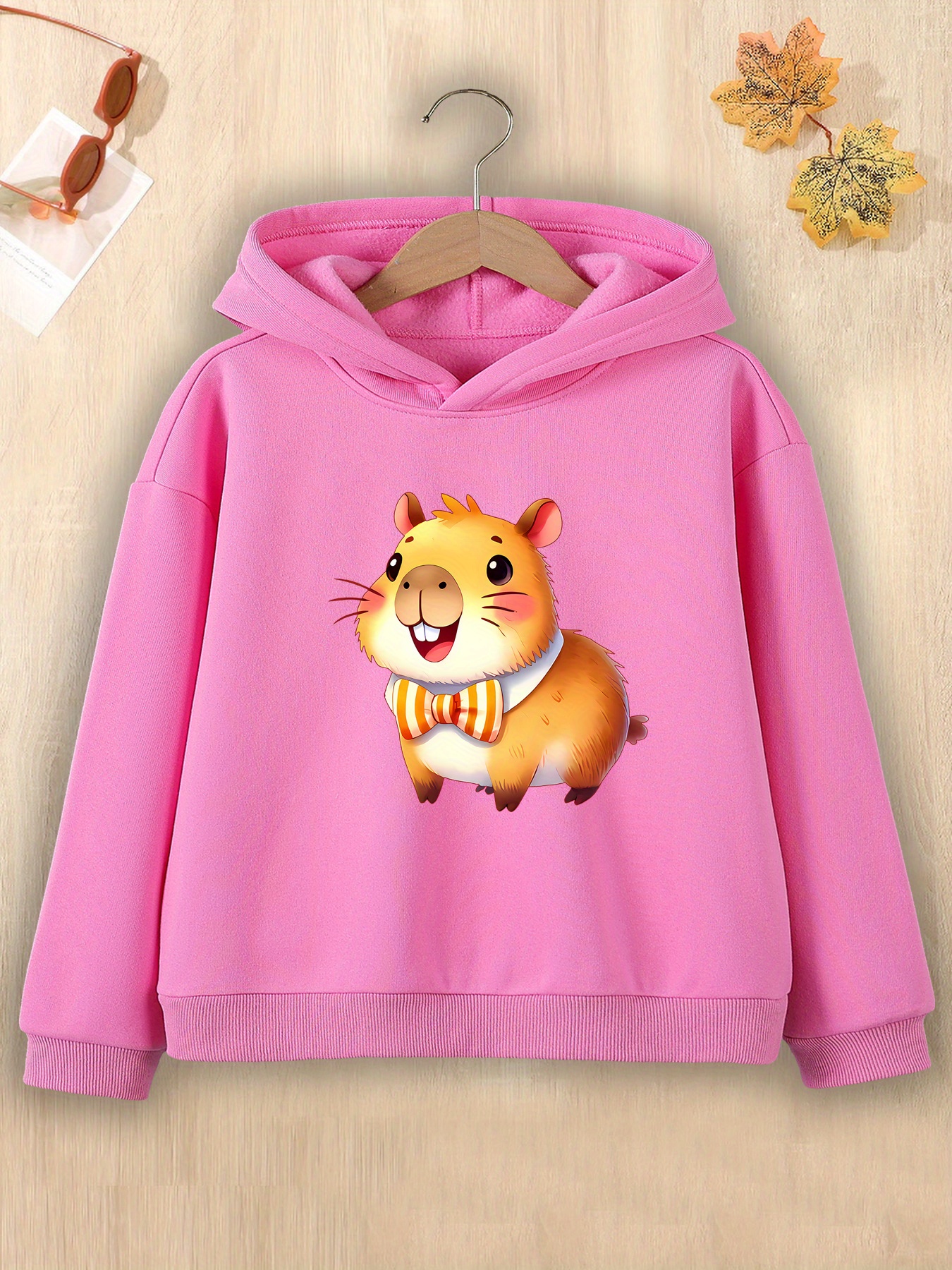 Cute Cartoon Hamster Print Hooded Sweatshirt Unisex Casual Pullover with  Orange Warm Autumn Winter Clothing for Campus Outdoor