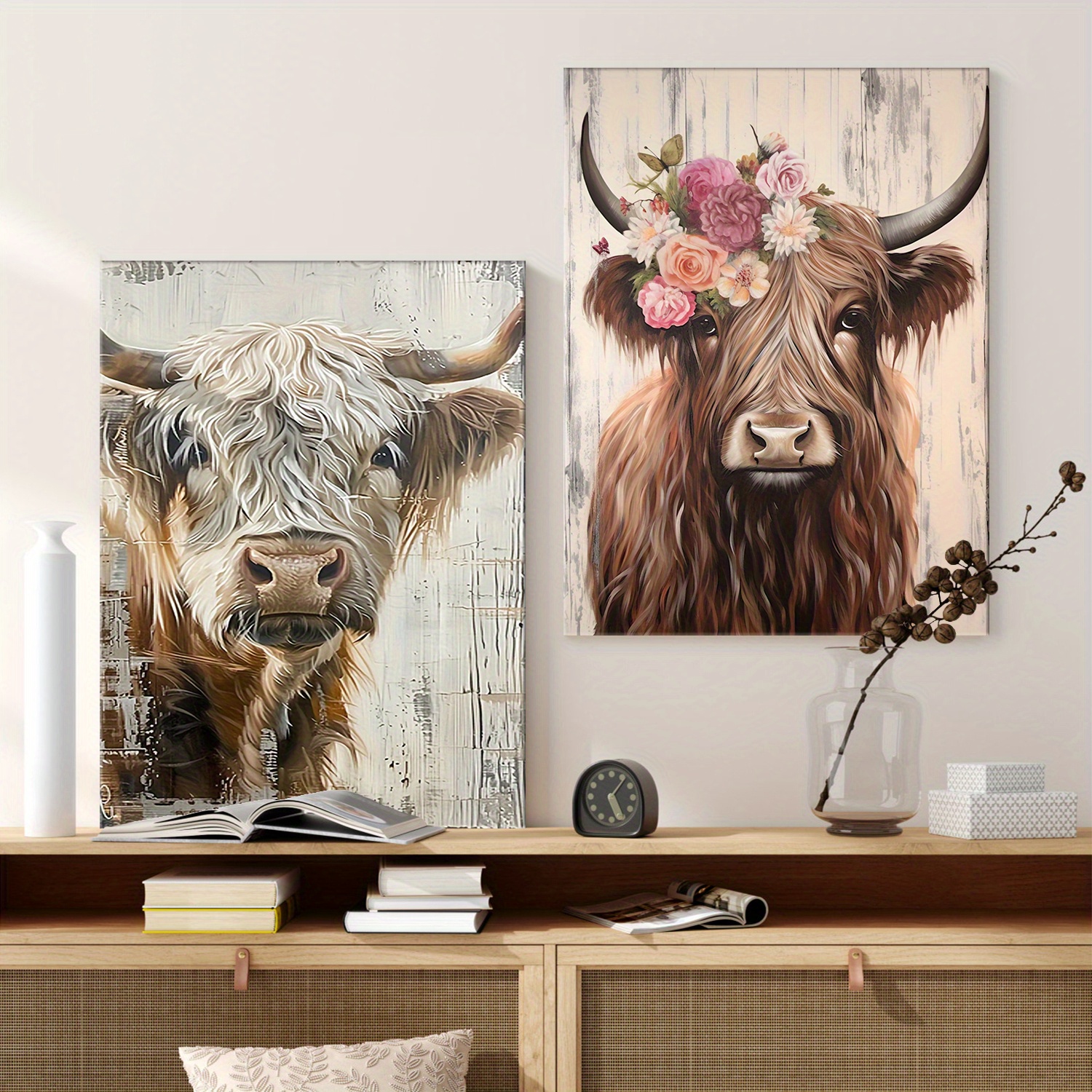 

A Set Of 2 Rustic Canvas Printed Posters, Highland Cow Canvas , Bathroom Bedroom Office Living Room Wall Decoration Art Piece Wall Painting, Home Decoration 12inx16in, Room Decor