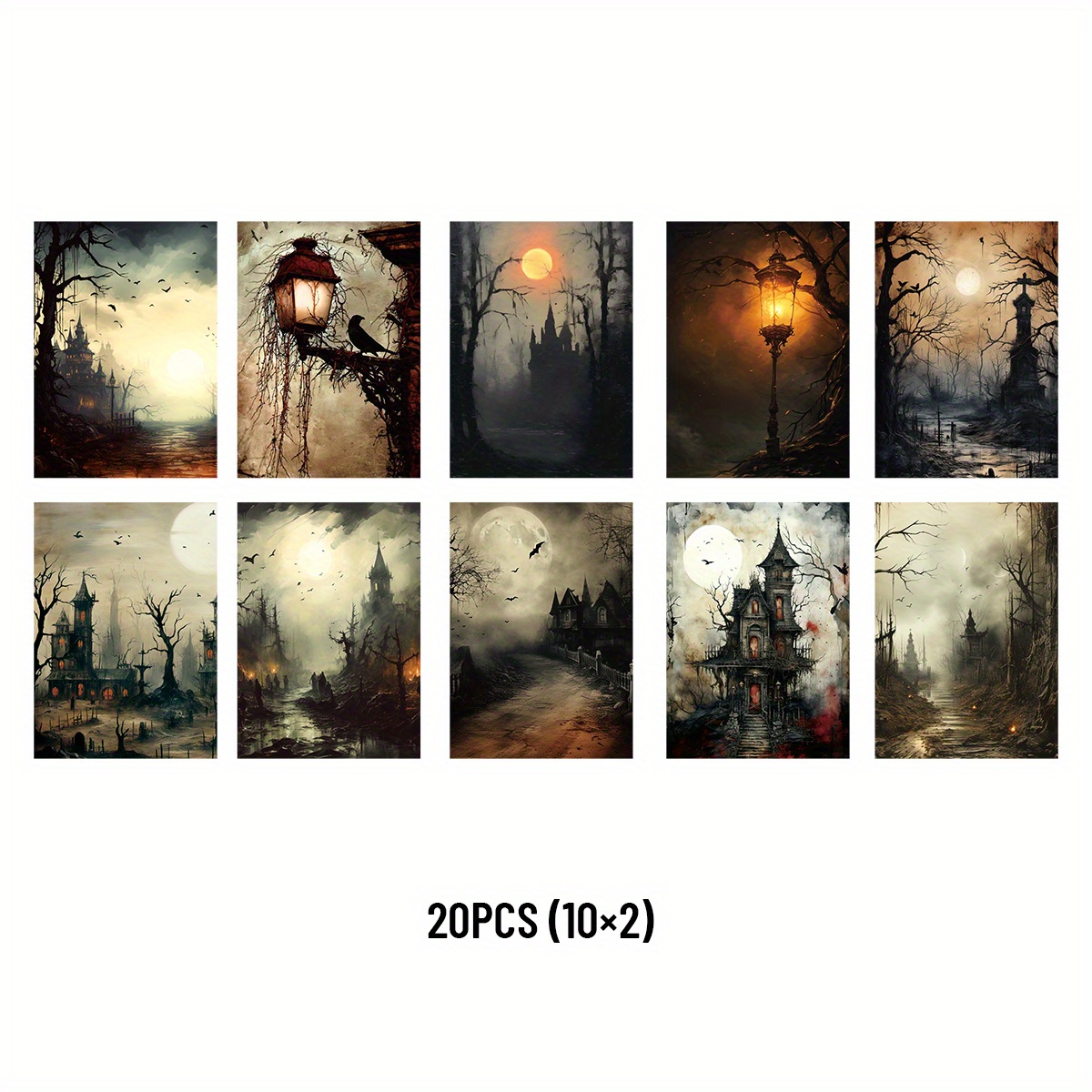 Image of 20pcs Dark Theme Retro Magic Castle Material Paper, Non-sticky Base, Gothic Architecture & Eerie Scenes, Mixed Colors, Perfect For Decorating Photo Albums, , And Book Covers