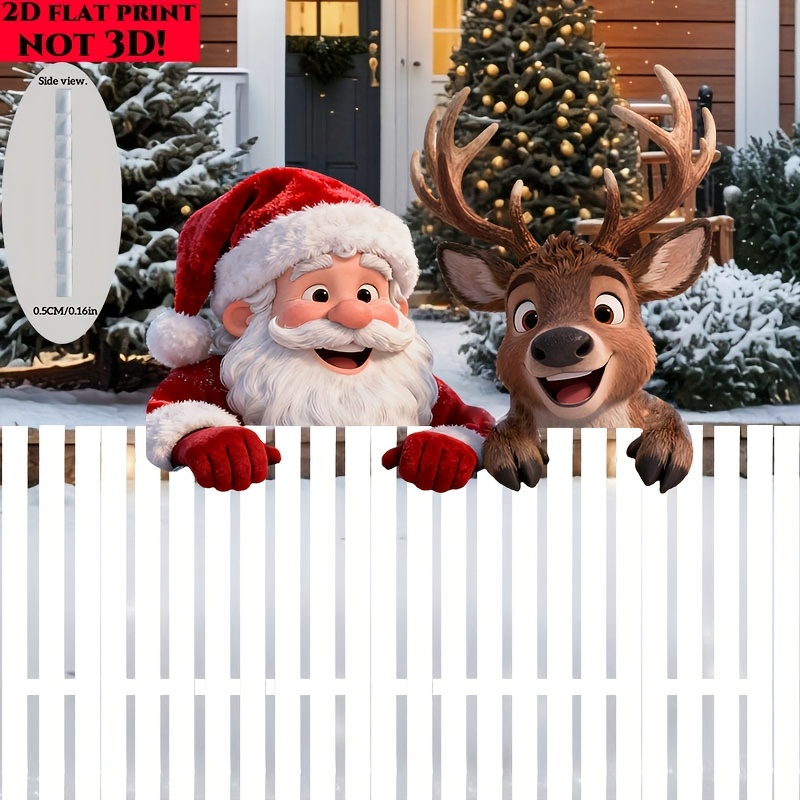 TEMU 2D Flache Weihnachts-Gartendeko für den Außenbereich, ., Weihnachtsmann und Rentier, die über den Gartenzaun-Wall spähen - Lustige festliche