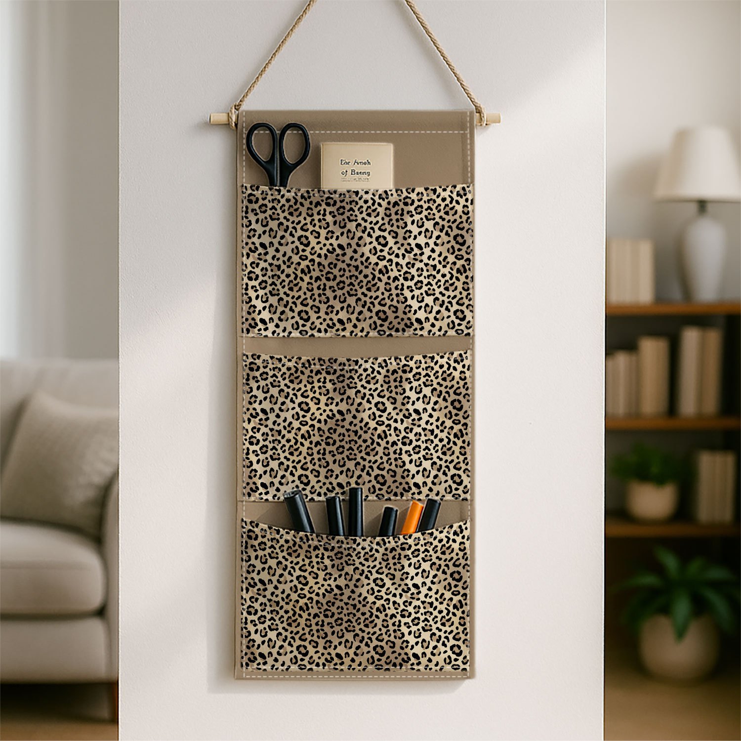 TEMU 1pc Contemporary Wall Storage Bag With Leopard Design In Brown And Beige Fabric Pockets For Items To Hang Behind The Door