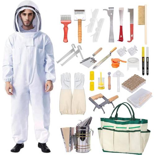 this starter kit for beekeeping consisting of 31 items with protective gear and a range of tools including a frame holder lifter hive tools and a pen for marking bees ideal for size xl
