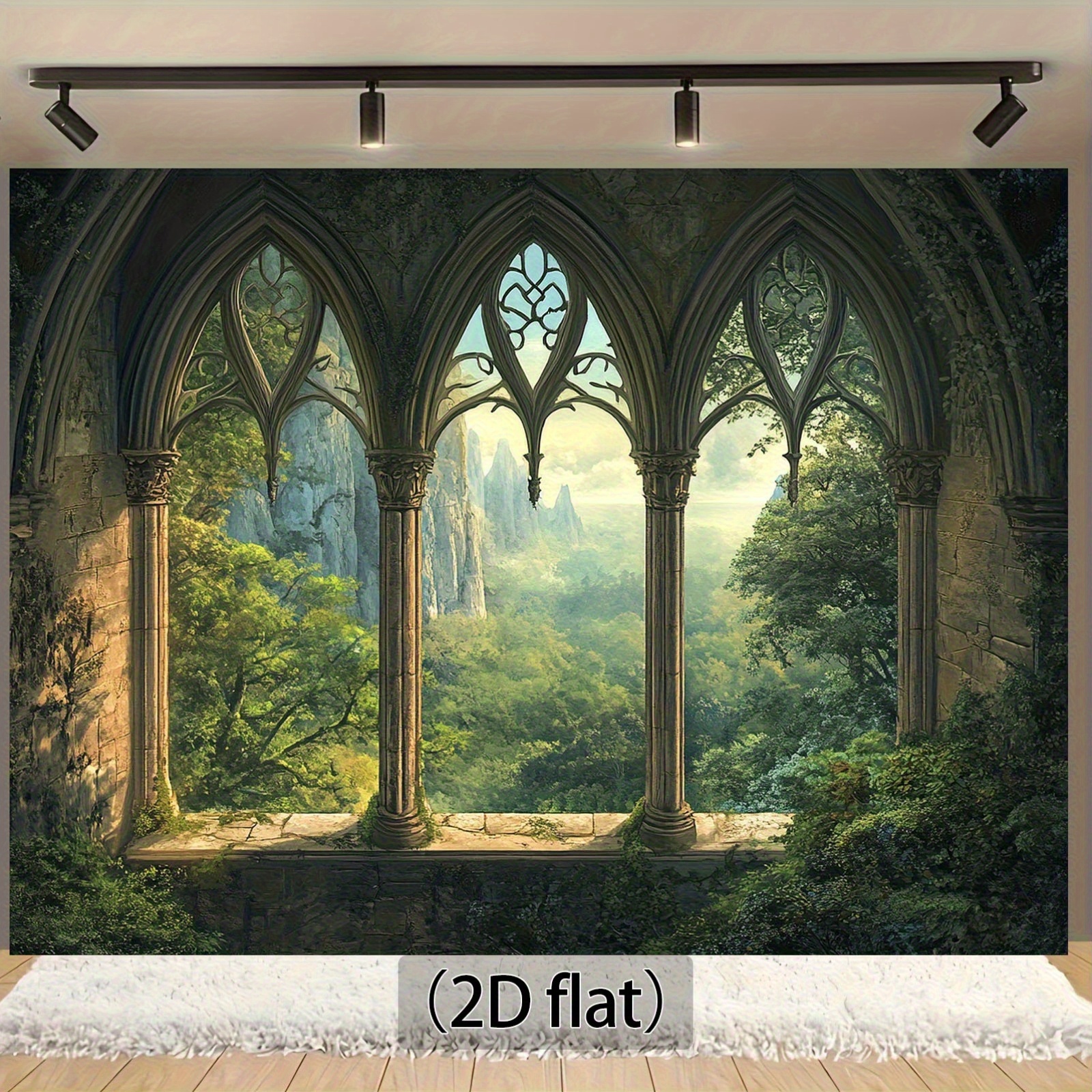 TEMU 2d Flat, 1pc Gothic Arch Ruins Backdrop & Mountain Landscape - Gothic Wall Decoration Suitable For Home, Office, Studio, Party Decor, Durable