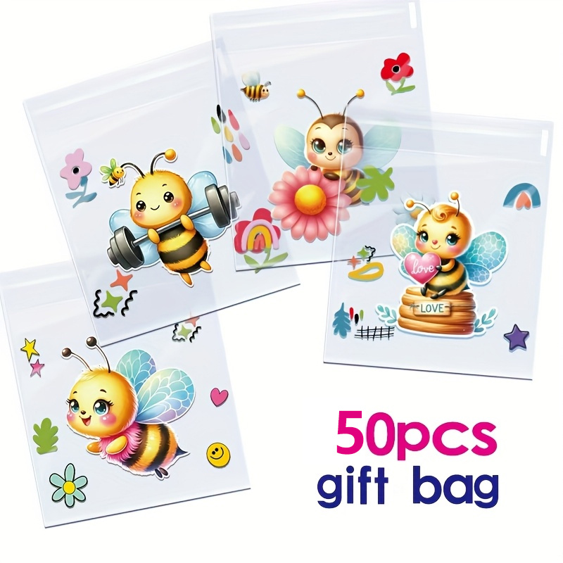 E-shop 50 Stück Niedliche Bienen-Themen Selbstklebende Geschenktüten - Lebendige Cartoon-Bienen-Designs mit Blumen, Hanteln & Herzen, für