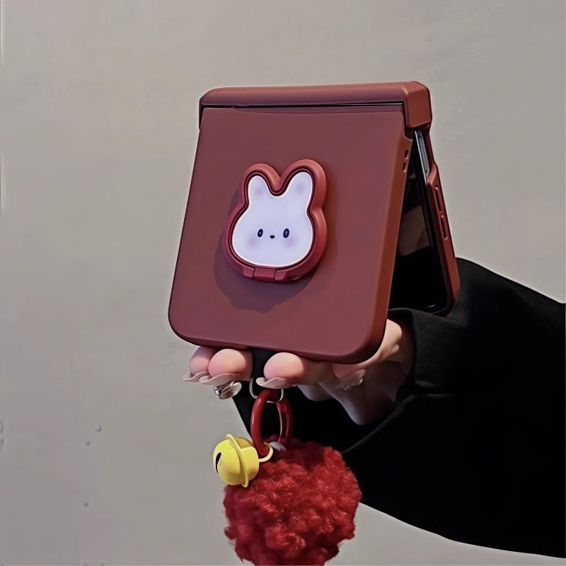 TEMU Phone Case: Chain-attached Minimalist Solid Color Three-dimensional Rabbit Stand + Foldable Phone Case For Galaxy Z Flip 7, Galaxy Z Flip 6,