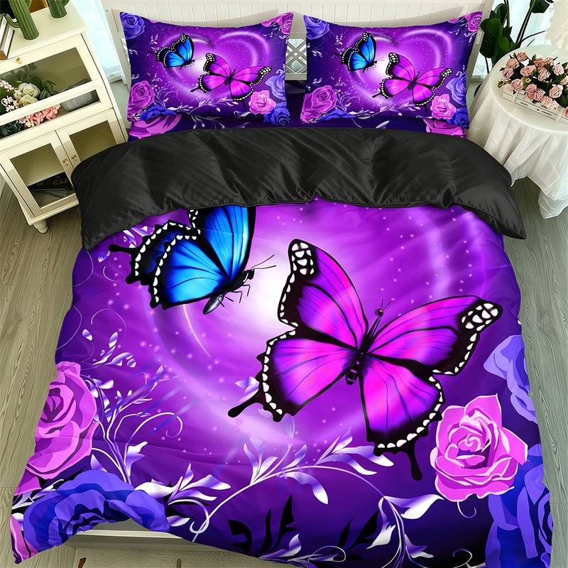 TEMU 3pcs Gorgeous Purple Background Blue And Magenta And Rose Quilt Duvet Cover Set, Art Print Soft Microfiber Bedding Single/double/queen/king 4