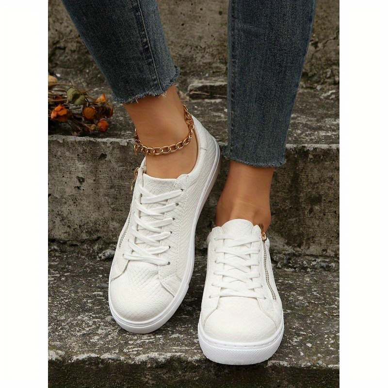 Women'* Snake- Beige-like Low-Top Sneakers Lace-Up Round Toe with  Golden-Tone Zippers (No-Washable) Casual, Cushioned TPR Sole Snake-*  for