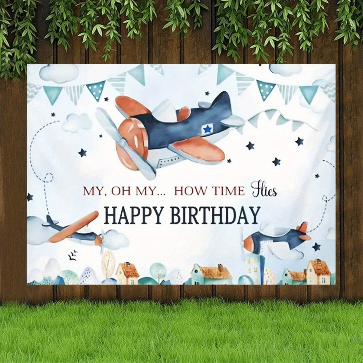 Mocsicka Airplane Birthday Backdrop | 8x6ft 'How Time Flies' Photo Background Banner