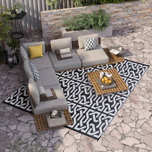 8x10 reversible waterproof outdoor rug durable plastic straw rv camping mat with carry bag black white chain pattern reinforced edges non slip for backyard deck waterproof picnic blanket picnic floor covering stylish deck decor