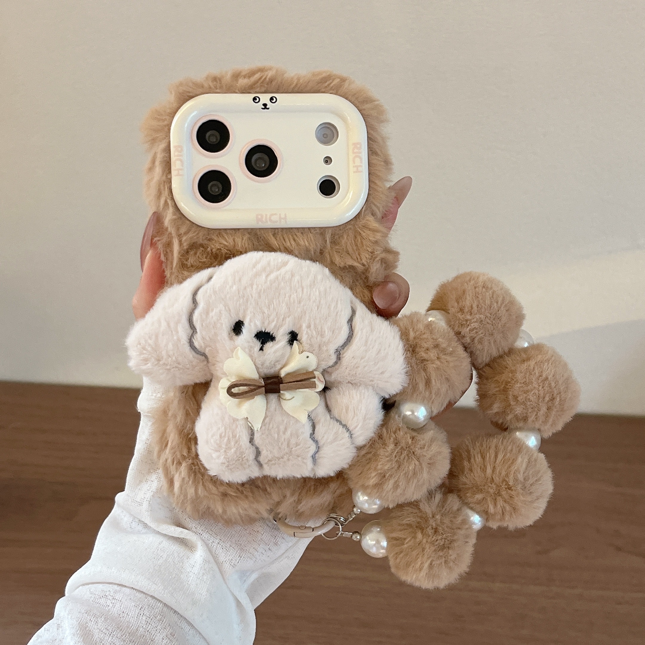 TEMU Phone Case: Soft And Plush Three-dimensional Floppy-eared Puppy Phone Case With Rich Cartoon Lens Frame, Floral Print Bow, And Ball Pearl
