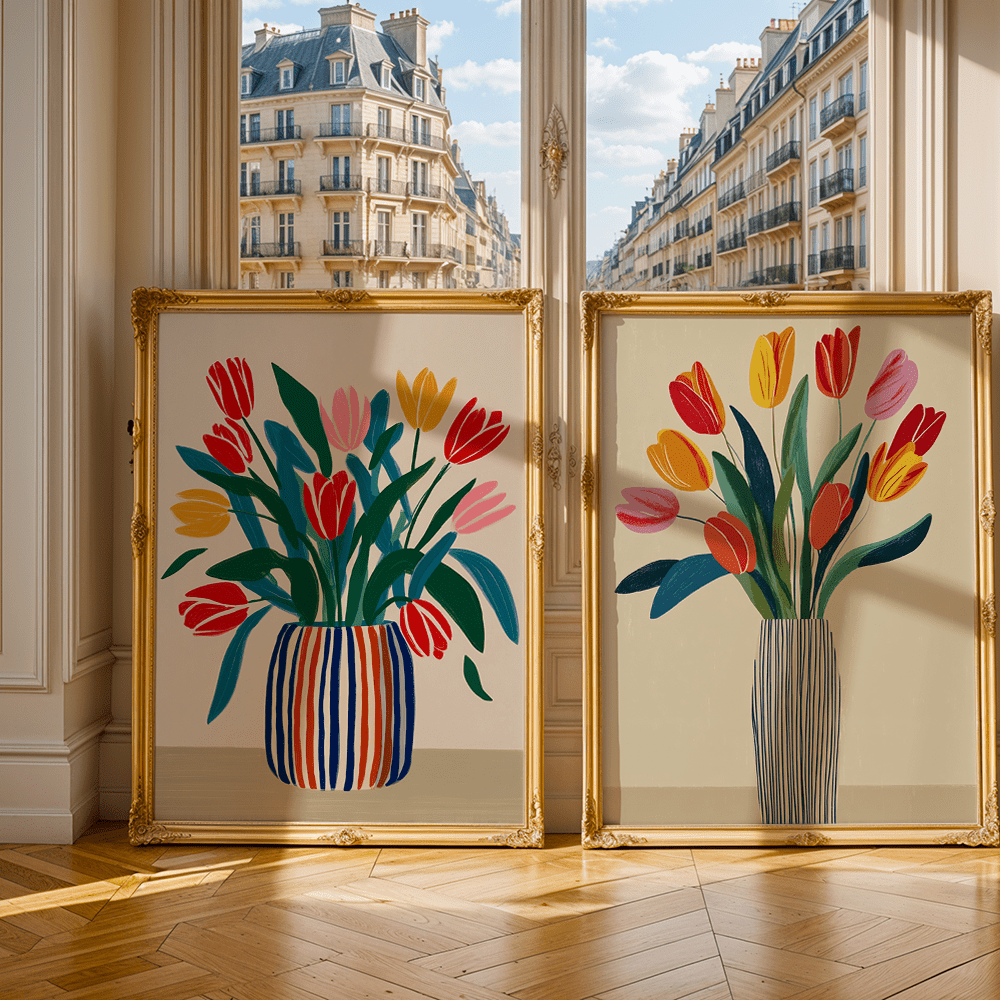 TEMU 2d Flat, 2d Flat, Set Of 2 Pieces, Wall Decor, Vintage Poster, Botanical Artwork, Tulip Canvas Art, Decoration For The Living Room, Bedroom ,