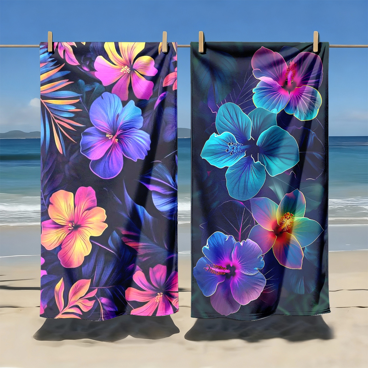 TEMU Lot de 2 serviettes de plage à motif floral tropical coloré fluo sur le thème des vacances | Ultra douces | Multi- pour le yoga, les , la