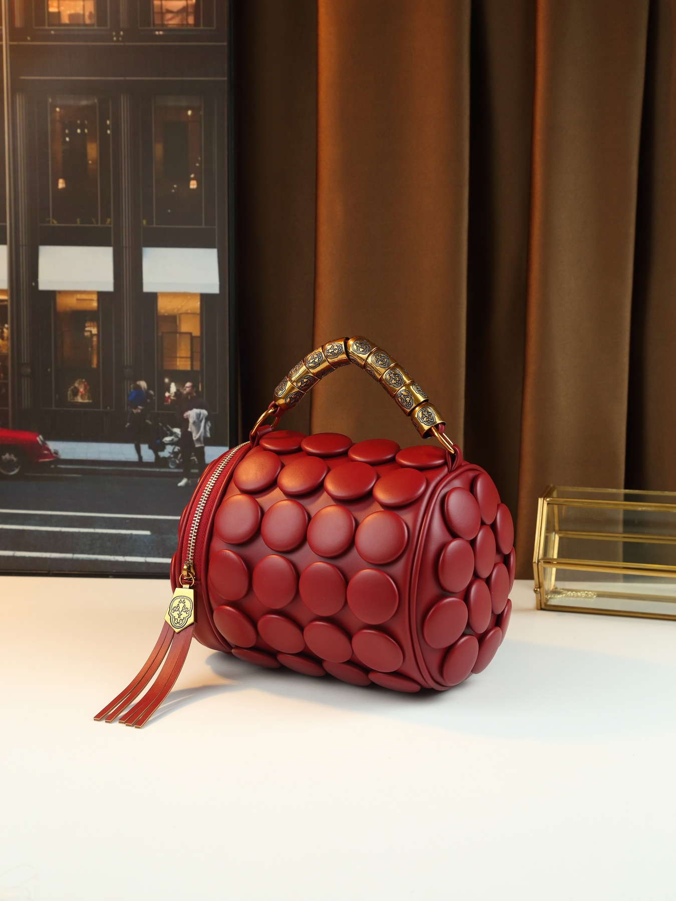 Red Vintage Boston Pillow Bag worn crossbody