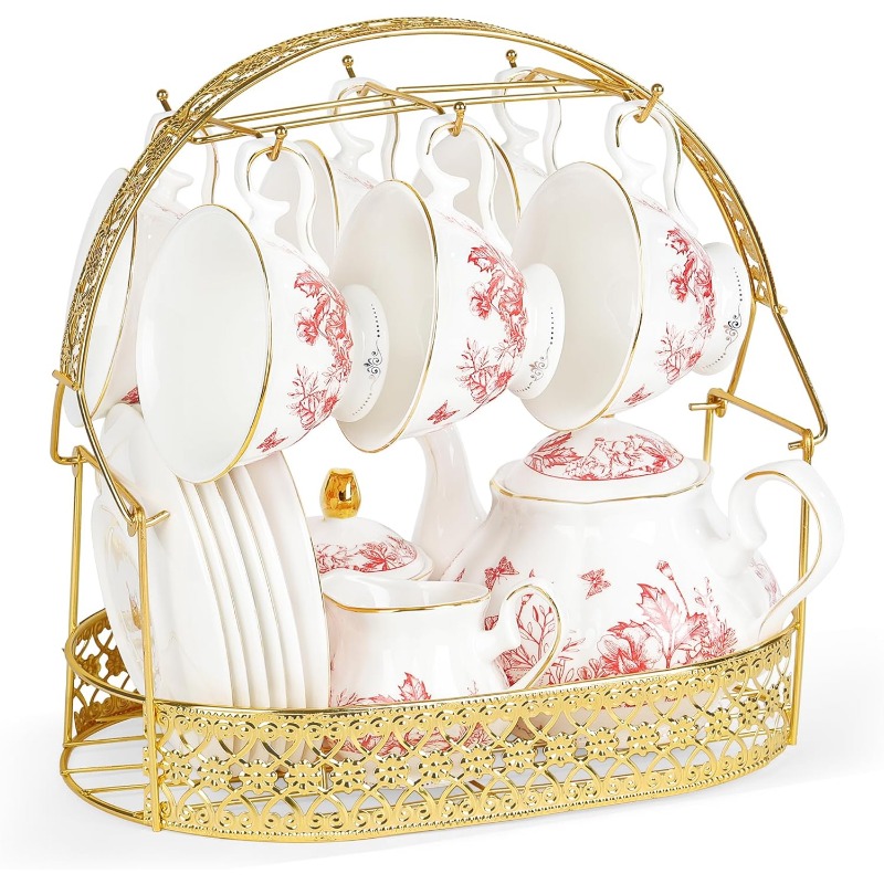 22pcs vintage red floral porcelain tea set with golden-rimmed white & pink bone china tea service,   & storage holder - wedding, birthday, anniversary gift for women, tea party, everyday use - durable & safe mineral-based porcelain, complete set with teapot, 6 cups, saucers, sugar bowl, milk jug & spoons, tea accessories, chinese tea pot, tea cup, magical teapot, tea strainer Product details 0