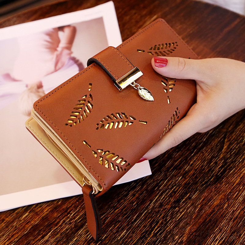 TEMU 2026 New Women's Wallet Sweet And Elegant Pu Horizontal Zipper Medium-long Hollow Leaf Coin Purse