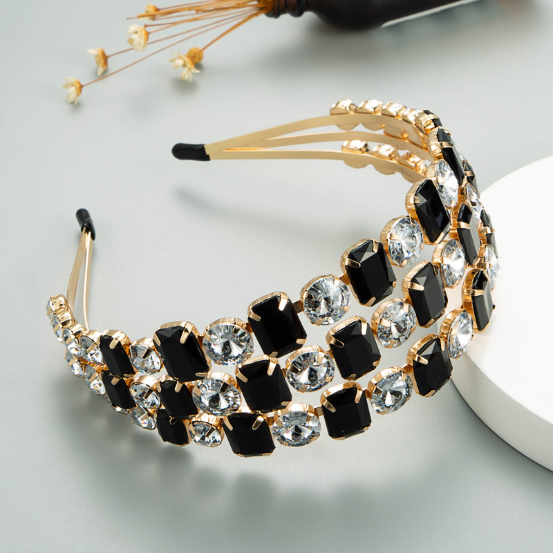 TEMU Exaggerated Personality, Metal 3 Row Black And White Sparkling Glass Headband, Fashionable Dance Party, Hair Pressure Headband, Female
