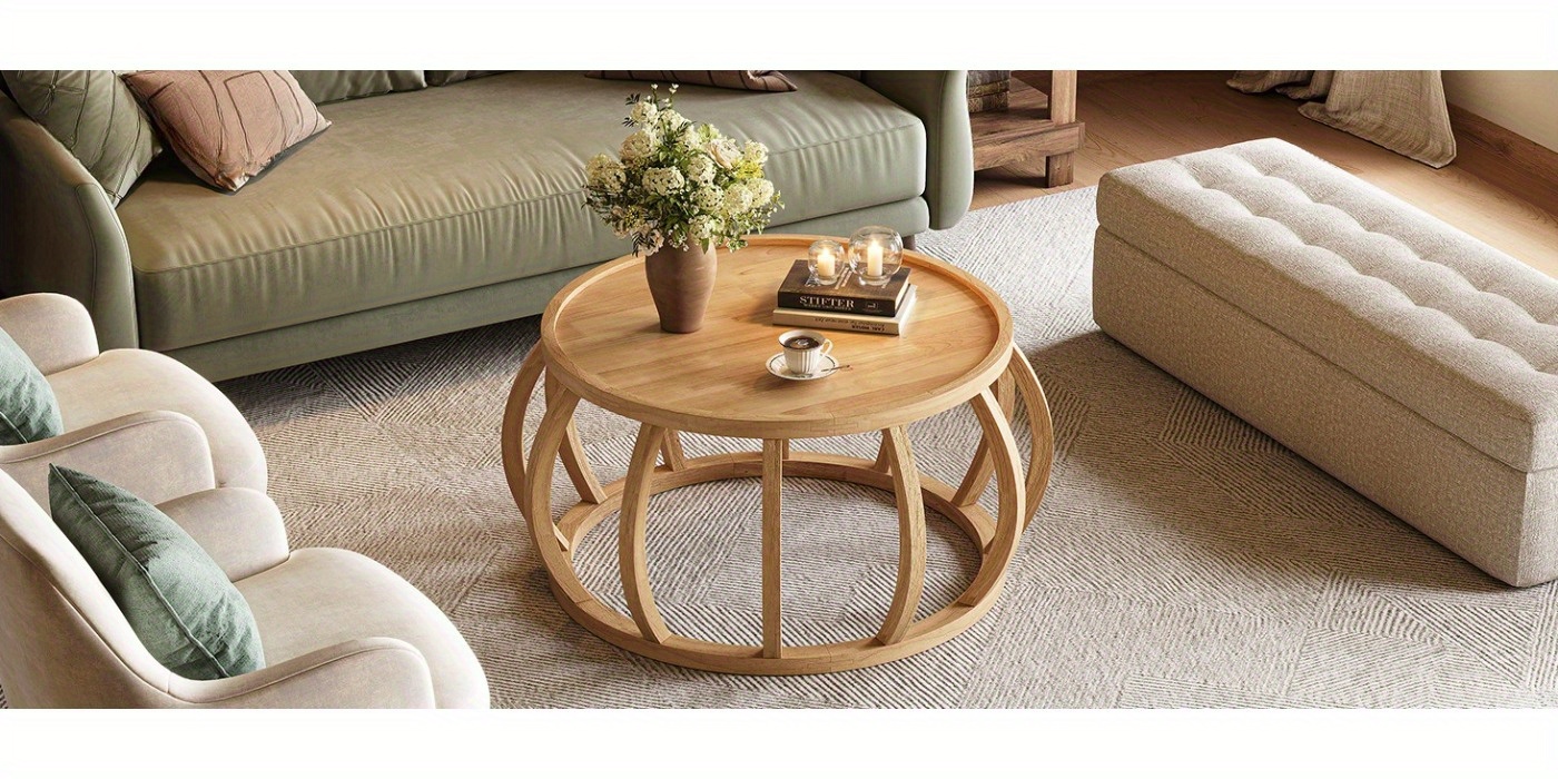 Solid Wood Coffee Table, 31.5-Inch Round Center Table with Curved Frame Base for Living Room, Easy Assembly, Natural