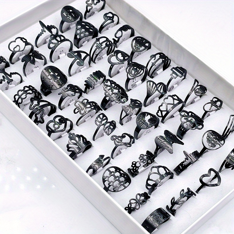 E-shop Großhandel 20 Stück/Pack Damen Mode Stapelringe Schwarz Edelstahl Material Männer und Frauen Hohlring Größe 17mm-21mm Gemischte Liebe