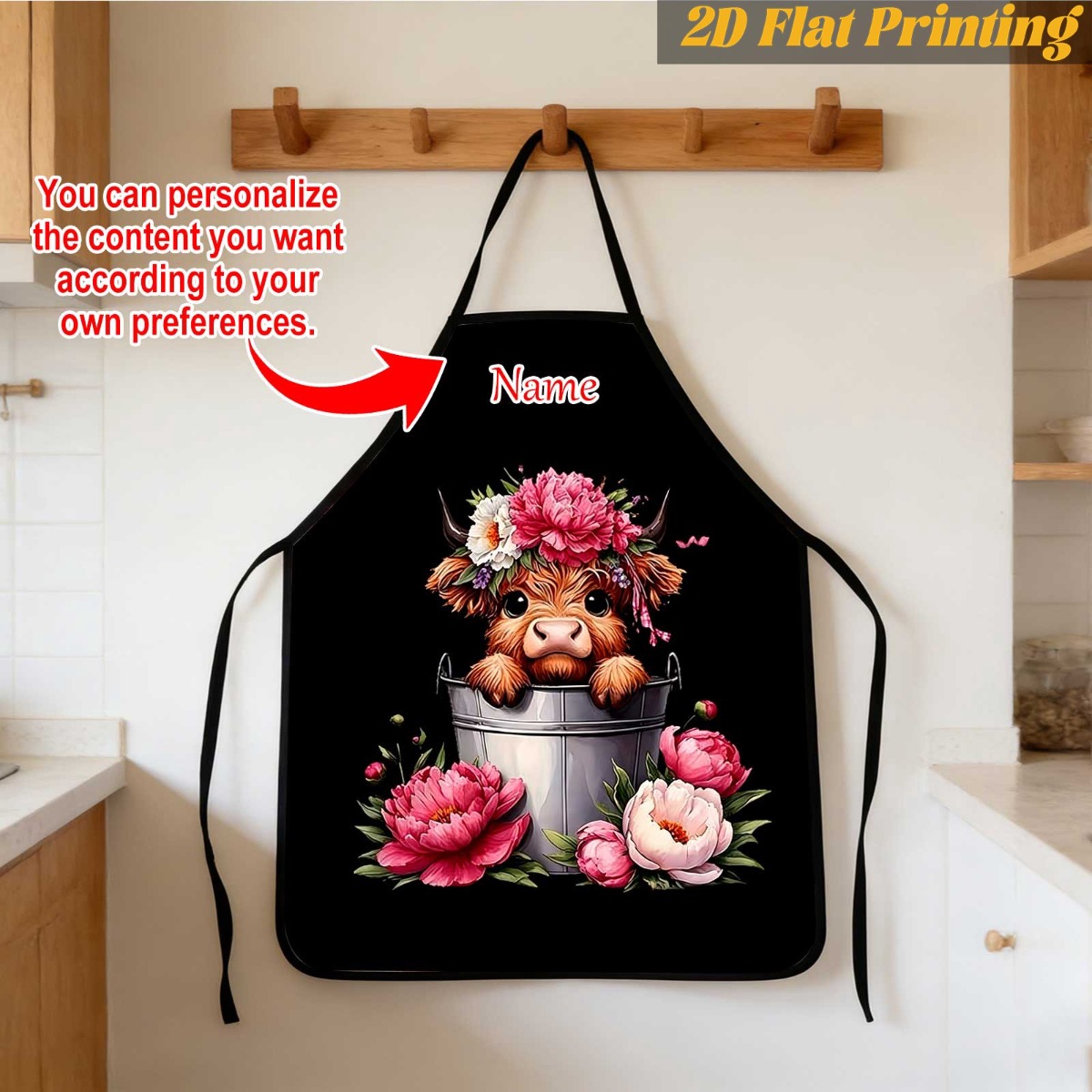 TEMU 1pc Personalized Name Highland Cow Floral Print Custom Apron | For Kitchen Cooking Home Gardening | Cow Lovers' Birthday Holiday Gift Custom
