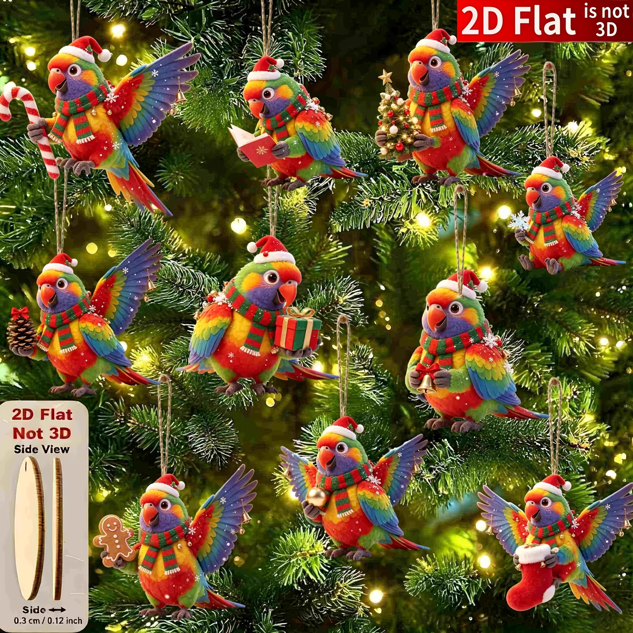TEMU 2d Flat, 2d Flat 10pcs Set Of Christmas Parrot Wooden Hanging Ornaments In Various Styles, Premium Wooden Christmas Tree Hanging Decorations,