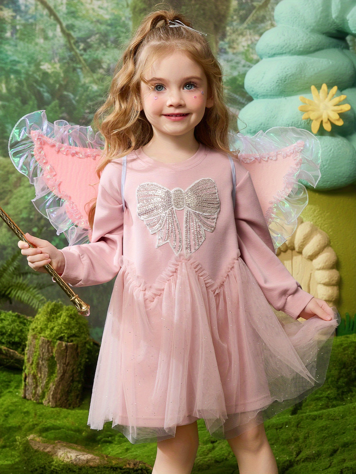 * Girls' Princess Net Dress with Mesh Panel - Summer *-Length Dress  Suitable for, Long Sleeve Round Neck Party Dress * Wash Care, Dance * &  Wedding Attire
