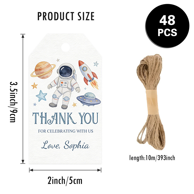 TEMU Custom 48pcs Thank You Gift Tags, Personalizable, With Jute Rope, Space Astronaut Watercolor Design, Suitable For Birthday Party, Baby Shower,