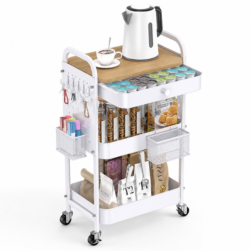 Image of Rolling Cart With 3 Levels, Metal Rolling Cart With Drawers & Pegboards, Serving Trolley, Craft Trolley, Kitchen Trolley With Wheels For Kitchen, Living Room, Bathroom, Hooks And Hanging