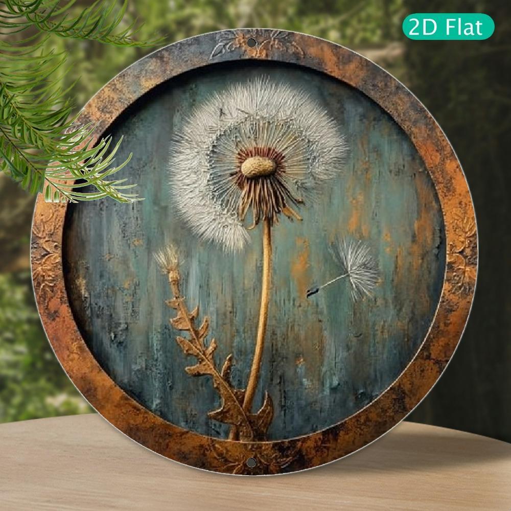 TEMU 2d Flat - A Single Vintage Dandelion Metal Sign In 2d Flat Design - A Rustic Round Aluminum Wall Decor, Featuring Pre-drilled Holes, Measuring