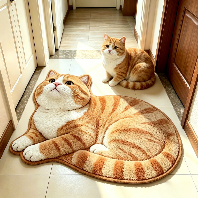 TEMU 1pc Adorable Orange Suitable For Bedroom, Bathroom & Balcony - Non-slip Plush Carpet With Raised Kitten, Irregular Floor Mat, Backing & Hand