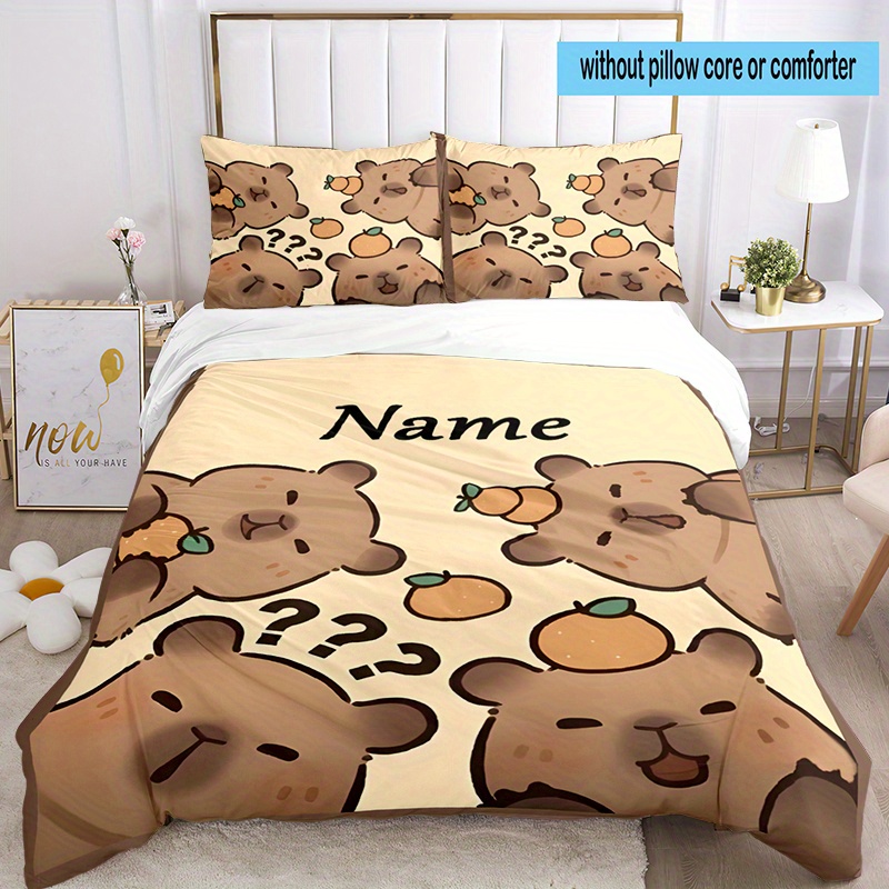 

Customizable 3pcs Capibara Bedding Set - Includes Duvet Cover & 2 Pillowcases, Tear- , All- For Bedroom Decor