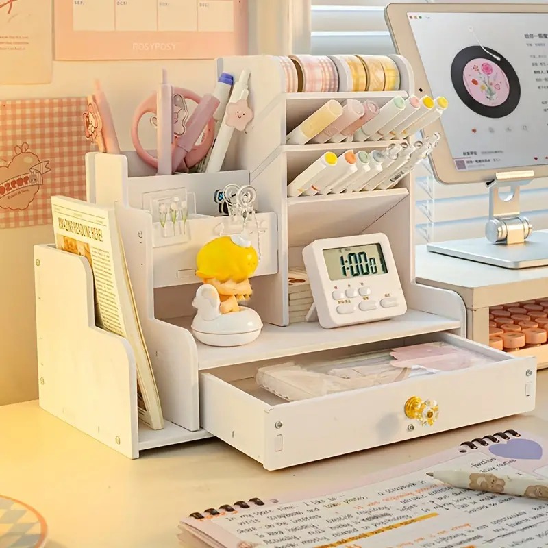 desktop pen storage solution featuring drawers and dual file holders ideal for organizing art supplies versatile for home office and educational use Product details 2