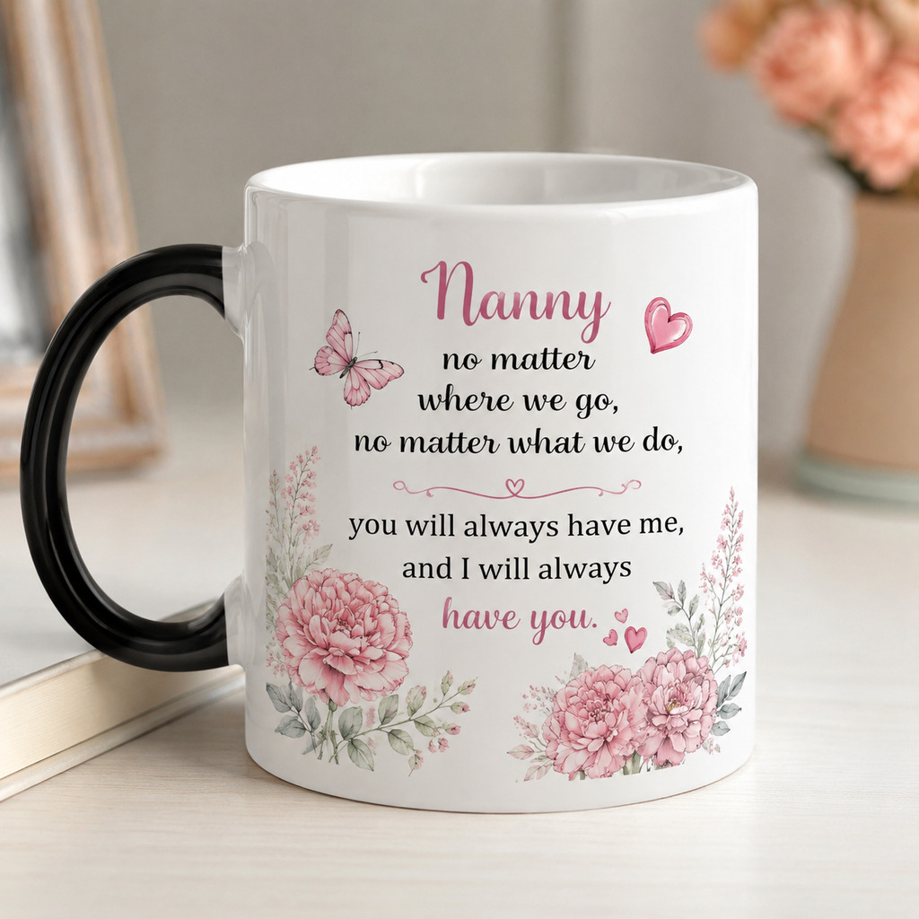 TEMU Nanny Color Changing Mug With Heat-reveal Floral & Nanny Lettering - 11oz Ceramic Coffee Cup Suitable For Nanny, Grandma Gifts, Birthday,