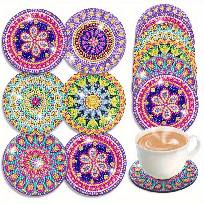 TEMU 6pcs (set Of 6) 10.01 X 10.01cm Colorful Mandala Art Coasters Wooden Cup Holder Set, 2d Colorful Mandala Art Coasters, Suitable For Patio Table,