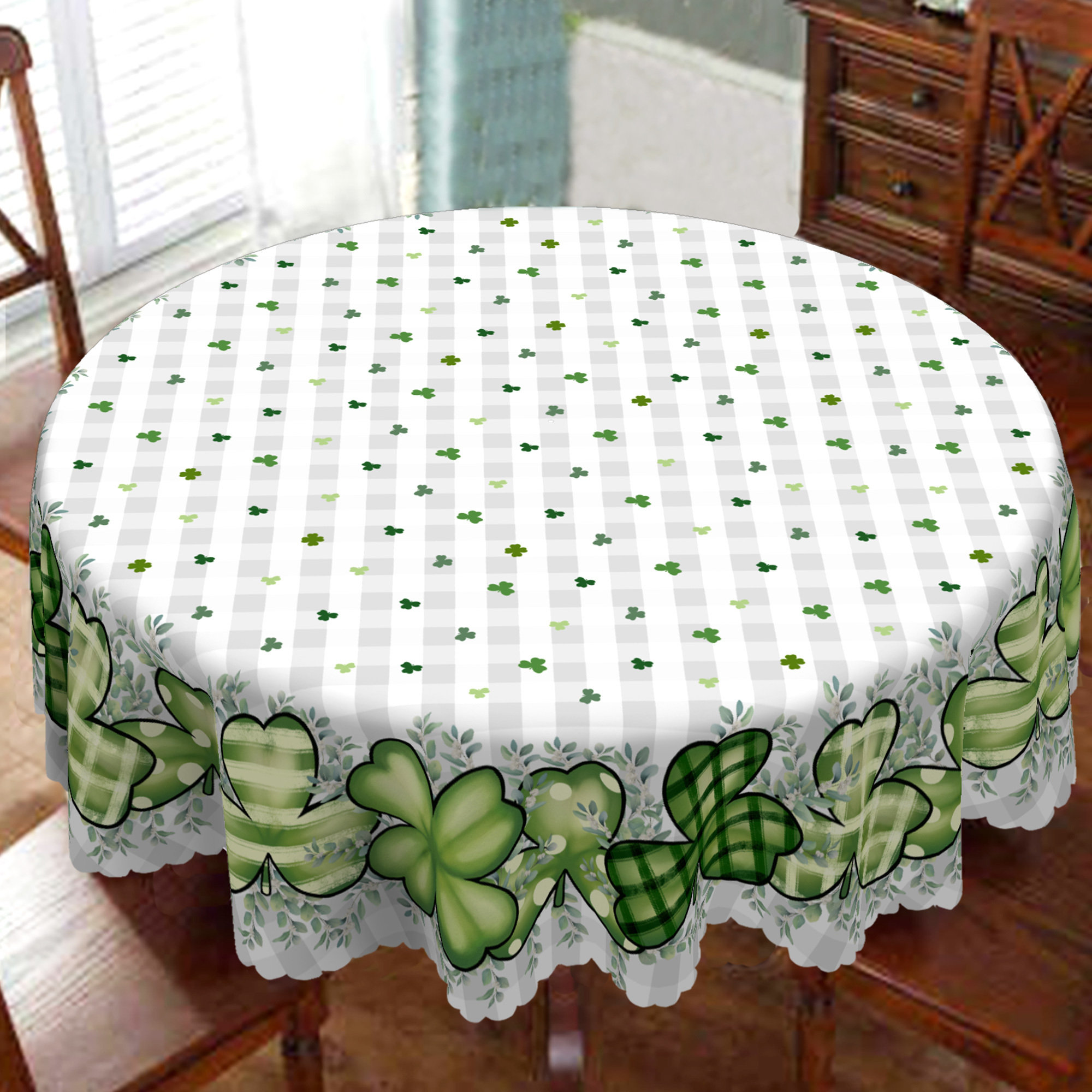 

1pc 's Day Round Tablecloth - 100% Polyester, Woven, Machine Made, Waterproof, Machine Washable, Green Shamrock & Clover Design For Irish Events, , Parties, Dinners, Indoor/outdoor Use