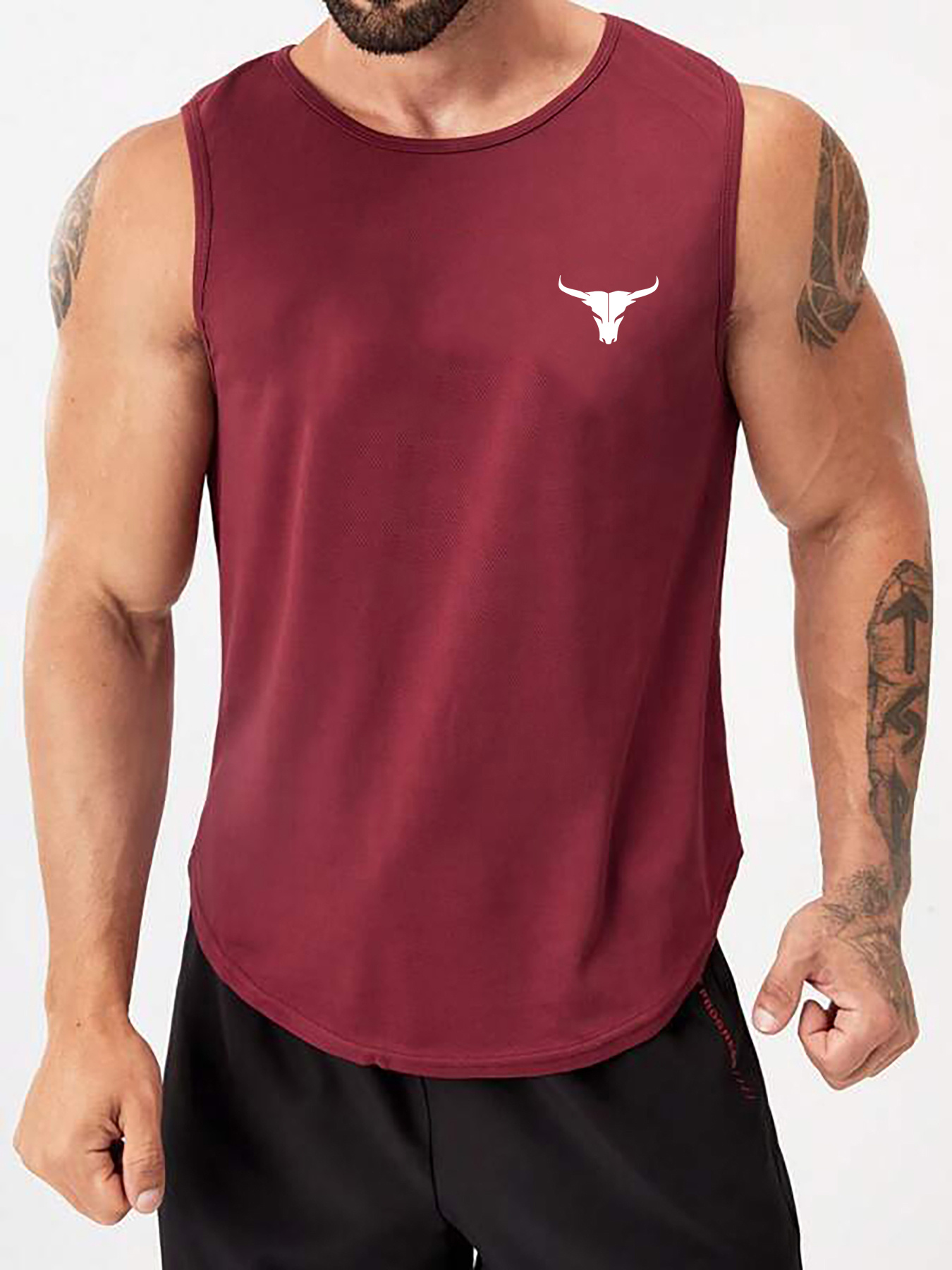 Men's Summer Athletic Tank Top - Breathable, Sweat Absorbent, Loose Fit Sleeveless Shirt for Gym, Training & Basketball - White with Black Bull Head Design, Gym Apparel | Sweat Absorbent Fabric, Gym Shirts