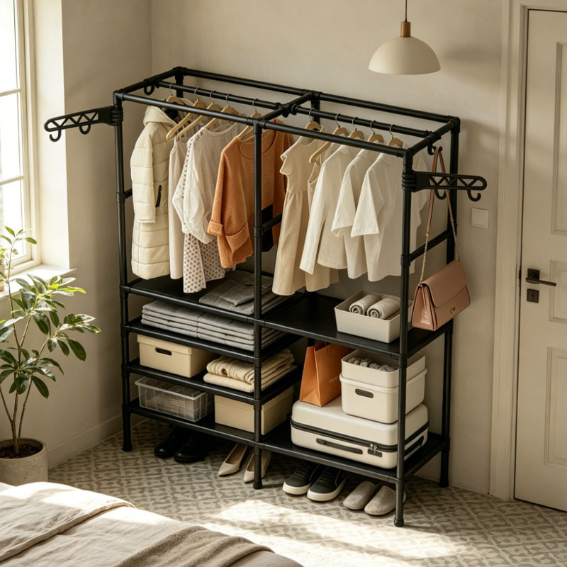 Handmade Vertical Storage Rack, Traditional Indian Wardrobe Shelf, Large Capacity Tall Storage Shelving for Organizing Clothes, Shoes, and Bags, 2   + 4 Tiers,  , Fade-Resistant, Carbon Steel + Hooks + Divider Structure