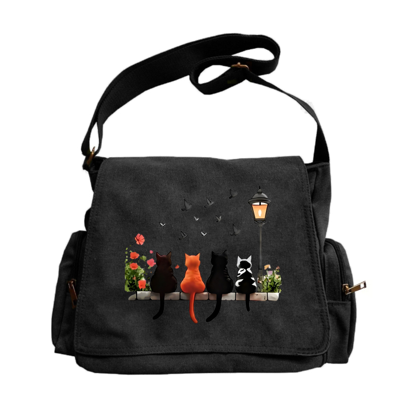 TEMU Women's Large-capacity New Shoulder Bag, Retro Messenger Bag, 4 Cats Sitting In Flowers Looking At Birds And Street Lights, Suitable For And