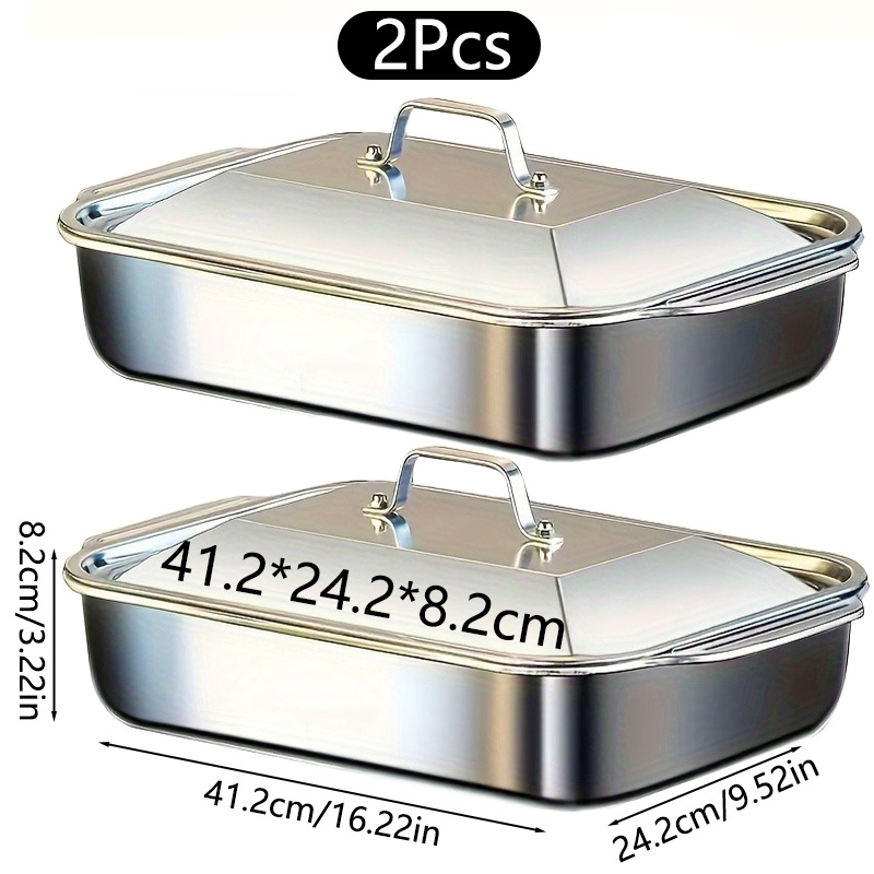 TEMU Stainless Steel Baking Pan With Lid Heavy Duty Thick Rectangular Oven Pan Thickened Oven Tray For Desserts, Breads And Seafood - Barbecues, Buffets
