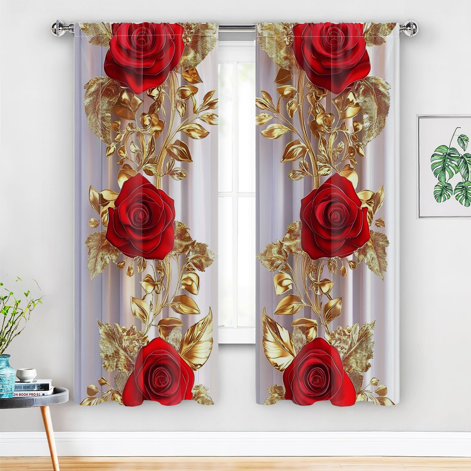 

2pcs Blackout Thermal Insulated Curtains, Polyester, With Vintage And Golden , For Living Room, Bedroom, Kitchen, Bathroom