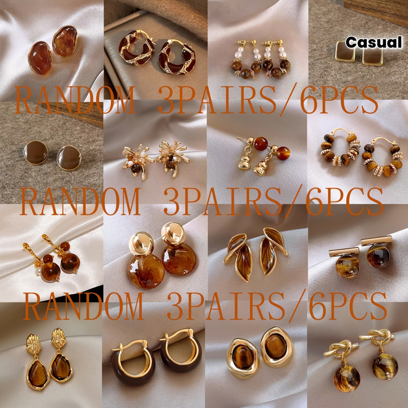 TEMU 3 Pairs/6pcs Random Elegant And Warm Casual Daily Simple And Classy Stone Geometric Pattern Stud Earrings Set For Women, New Versatile
