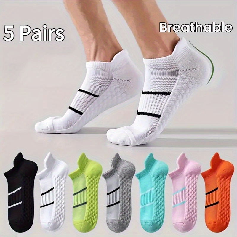 

5 Pairs Of Men' Stripes Solid Color Invisible Socks, Towel Bottom Socks, Wicking Low-, Lightweight Comfortable Breathable Sports Socks