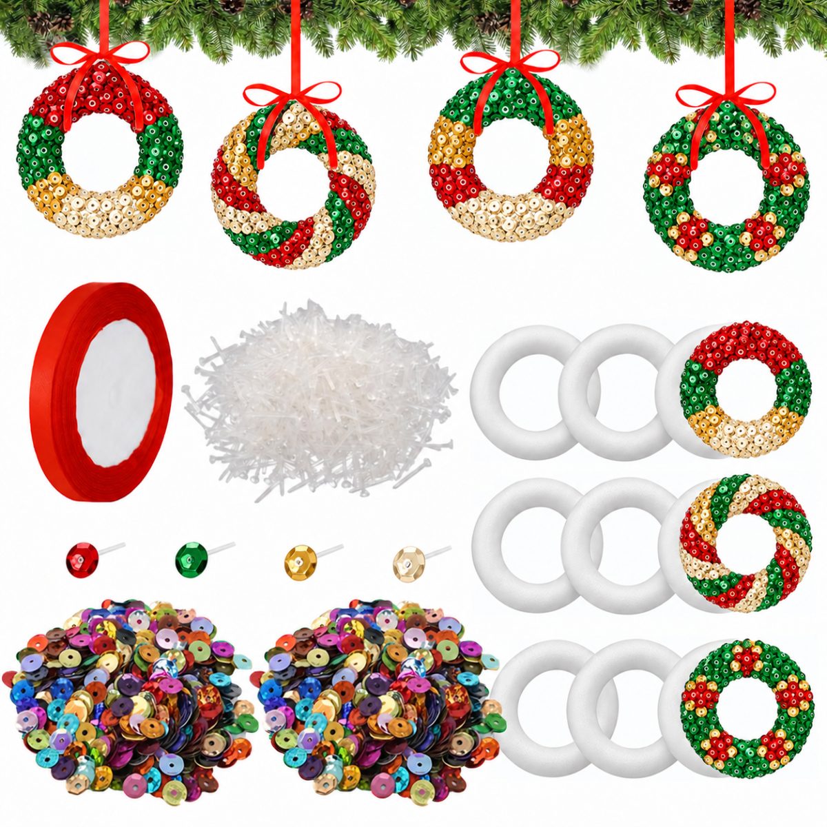 TEMU 6 Sets Kit d'Ornement de Guirlande de Noël avec Paillettes - Pack de Fête avec Guirlande en Mousse, Paillettes, , Épingles - Plastique (Ornement
