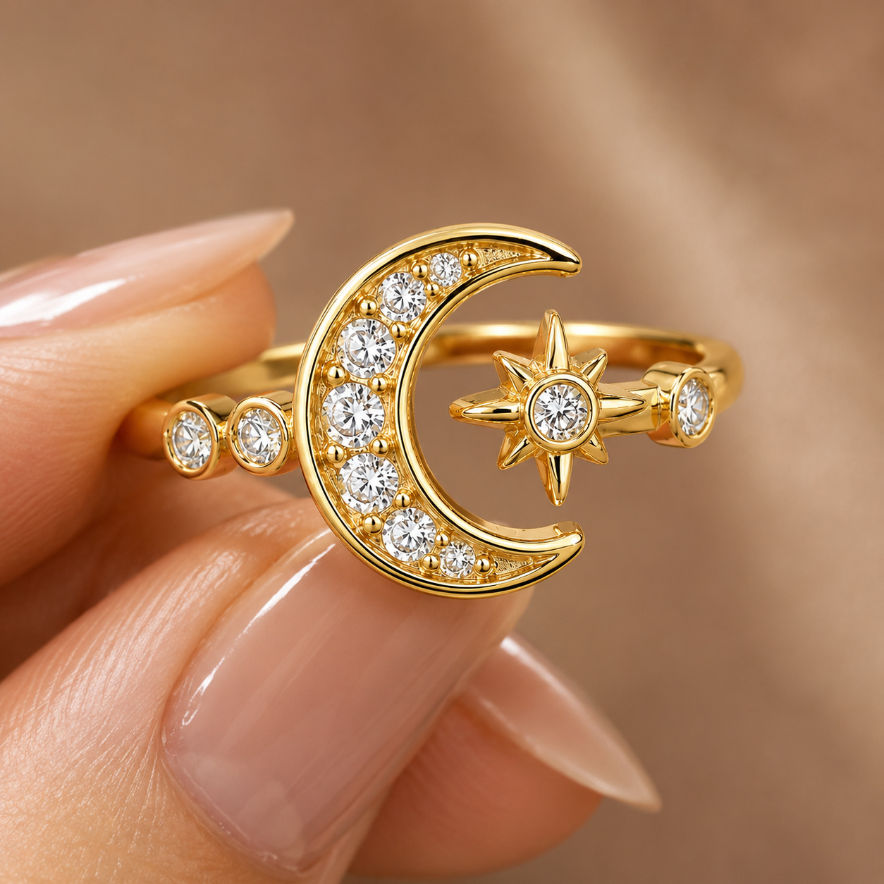 TEMU Bague ouverte unisexe Celestial Women, 1 pièce, en cuivre pur, finition dorée, 5A transparent, motif lune et étoile, bijou réglable, pour