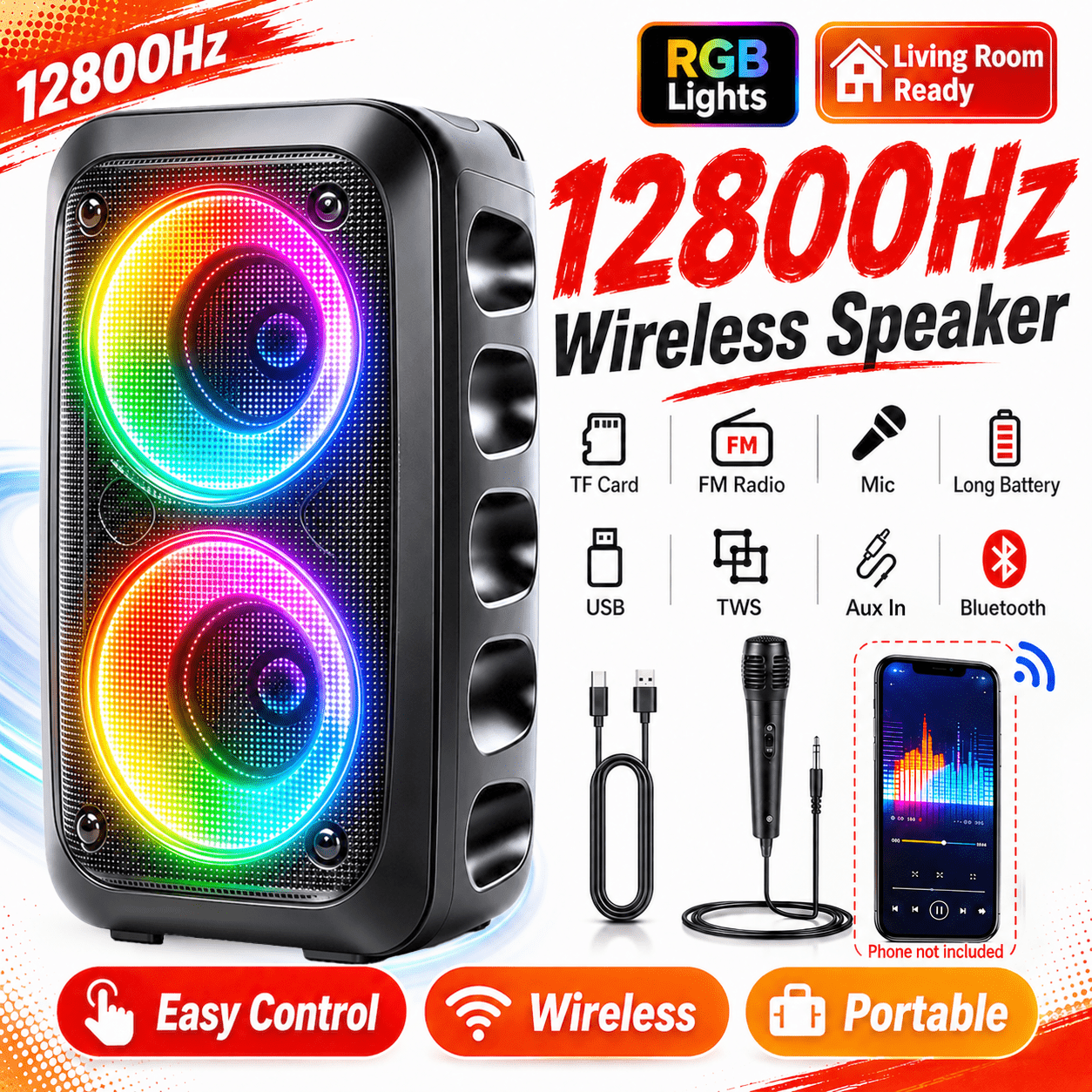 TEMU Portable High Power Wireless 6.0 Party Box Speaker, Rgb Rhythm Lights, Tws Wireless Stereo, Karaoke Speaker With Microphone, Support Usb Tf Card